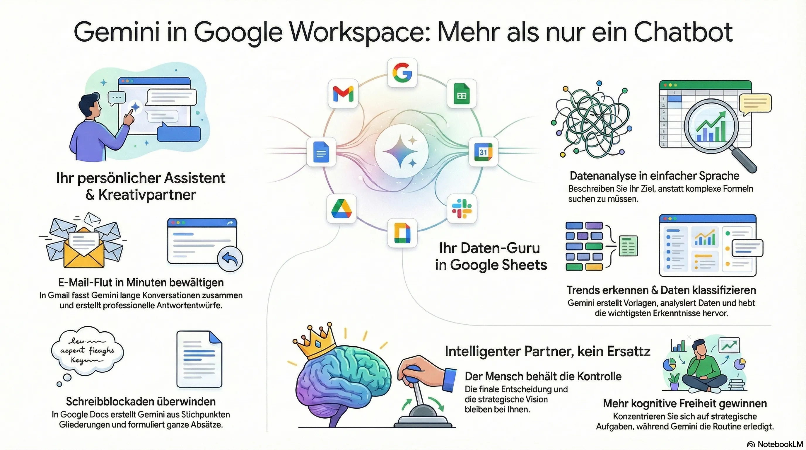 Eine Grafik, die zeigt, wie Gemini als zentraler Assistent in Google Workspace-Anwendungen wie Docs, Sheets und Gmail integriert ist.